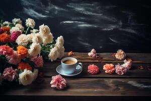 kaffe på trä- tabell med blommor. ai genererad foto