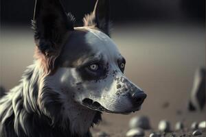 stänga upp av en hund på en strand. generativ ai. foto