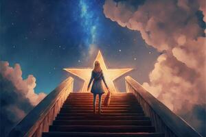 kvinna gående upp en flyg av trappa mot en stjärna. generativ ai. foto