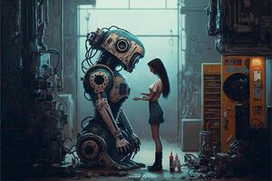 kvinna stående Nästa till en robot i en rum. generativ ai. foto