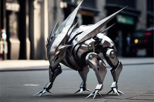 metall skulptur av en hund på en stad gata. generativ ai. foto