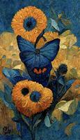 en målning av solrosor och en blå fjäril. generativ ai. foto