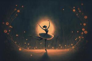 målning av en ballerina dans i främre av en full måne. generativ ai. foto