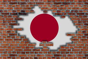 3d flagga av japan Bakom de bruten gammal sten vägg bakgrund. foto
