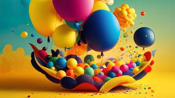färgrik ballonger och konfetti på gul bakgrund. 3d tolkning. ai genererad foto