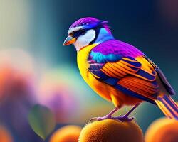 3d framställa av en färgrik fågel på en bakgrund av natur. ai genererad foto