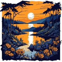 solnedgång på de sjö i de skog. vektor illustration i skiss stil. ai genererad foto