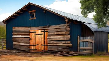 3d tolkning av en blå ladugård med trä- dörr och lador. ai genererad foto