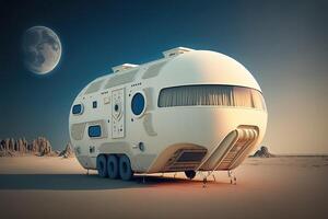 framtida husvagn i öken- med måne i de himmel, ai genererad foto