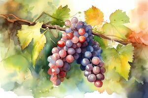 vattenfärg illustration av mogen vindruvor på vin i vingård. ai genererad foto