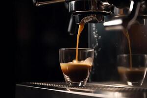 espresso häller från kaffe maskin stänga upp. ai genererad foto