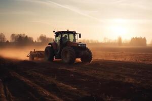 jordbruks traktor sådd frön in i renades jord på solnedgång. ai genererad foto