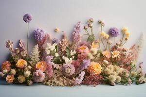 kreativ blomma sammansättning med pastell vår fält blommor. ai genererad foto