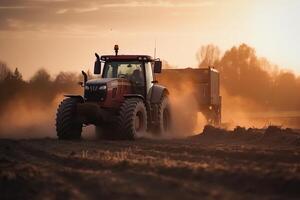 jordbruks traktor sådd frön in i renades jord på solnedgång. ai genererad foto