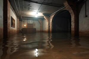 översvämmad smutsig källare 3d tolkning. ai genererad foto