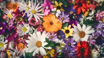 textur av leva blandad europeisk flerfärgad blomning blommor för bakgrund, tapet. ai genererad. foto