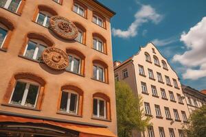 tysk pretzel och gammal europeisk arkitektur. ai genererad foto