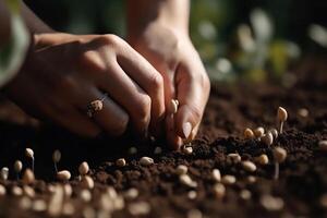 hand plantering utsäde för växande växter i natur. ai genererad foto