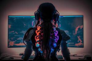 flicka i hörlurar spelar en video spel på de stor TV skärm. gamer med en joystick. neuralt nätverk ai genererad foto