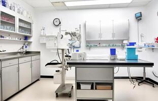 veterinär kontor med medicinsk Utrustning, instrument och mediciner. ai genererad foto