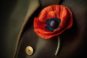 vallmo blomma i knapphål av jacka, symbol av seger i krig veteran. ai genererad. foto