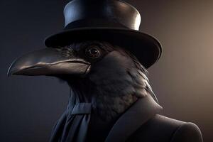 herre, chef svart kråka i en hatt, kostym och slips. baner rubrik. ai genererad. foto