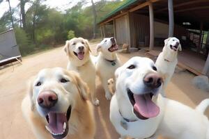söt beagle ser på de kamera medan tar en selfie med annan beagle och en mops. neuralt nätverk ai genererad foto