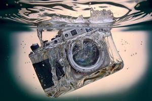 modern slr Foto kamera faller under vatten med vatten stänk. neuralt nätverk genererad konst