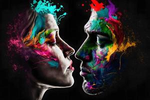 ung par i kärlek silhuett med vattenfärg måla stänk. neuralt nätverk genererad konst foto