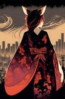 japansk kitsune kvinna bär en kimono ser till orientalisk stad. neuralt nätverk genererad konst foto