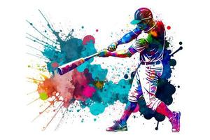 baseboll spelare med flerfärgad vattenfärg stänk, isolerat på vit bakgrund. neuralt nätverk genererad konst foto