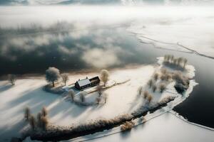 vinter- landskap. vinter- väg och träd täckt med snö. neuralt nätverk ai genererad foto