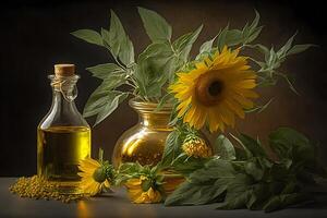 lantlig fortfarande liv solros olja i flaska med blommor av solros helianthus livränta i mörk ljus. neuralt nätverk ai genererad foto