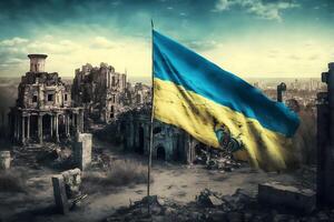 flagga av ukraina och förstörd byggnad. krig begrepp. neuralt nätverk ai genererad foto