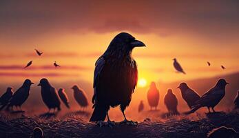 de kung av kunglig svart kråka stående ut mellan Övrig kråkor, svart fåglar, natur djur vilda djur och växter bakgrund, med generativ ai. foto