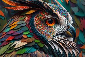 abstrakt djur- Uggla porträtt med färgrik dubbel- exponering måla med generativ ai. foto