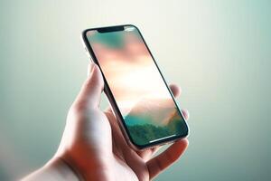 en smartphone i en kvinnas hand. generativ ai foto