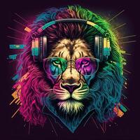 Häftigt neon fest lejon i hörlurar och solglasögon. generativ ai foto