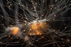närbild av bränning neuroner och neuralt tillägg i de mänsklig hjärna. ai genererad foto