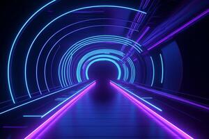 lila blå neon tunnel framställa. ai genererad foto