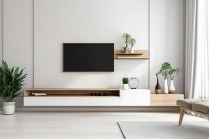 modern levande rum med TV skåp, vit vägg bakgrund, mockup. ai genererad foto