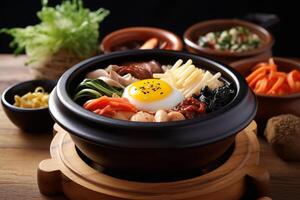 en tabell full av koreanska mat. ai genererad. foto