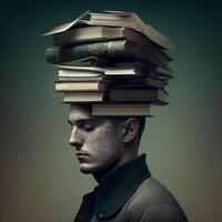 en man med stack av böcker fastnar ut av hans huvud. skapas med ai verktyg foto