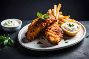 fisk och pommes frites med tartar sås på mörk bakgrund, selektiv fokus ai genererad foto