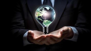 ai generativ affärsman innehav en lysande glödlampa i hans hand. företag och innovation begrepp. foto