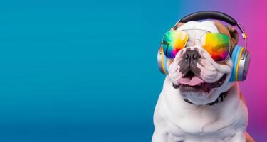 stänga upp porträtt av bulldogg bär glasögon och headset. isolerat på färgrik bakgrund, med copyspace. glad begrepp med lyssnande till musik. generativ ai foto
