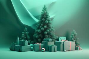 3d illustration av grön gran träd och presenterar. jul eve. ai genererad foto