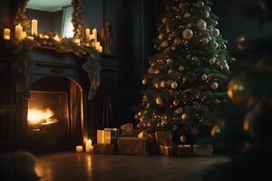 jul träd med dekorationer nära öppen spis och lampor. jul eve. ai genererad foto