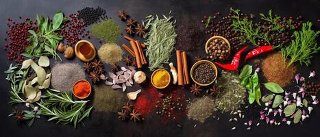 örter och kryddor för matlagning med estetisk arrangemang, topp se. foto