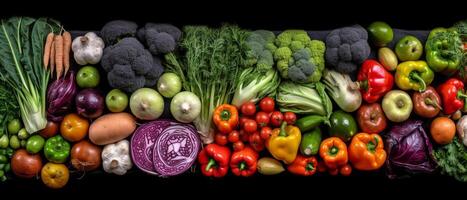 grupp av grönsaker, topp se med estetisk arrangemang, svart bakgrund. foto